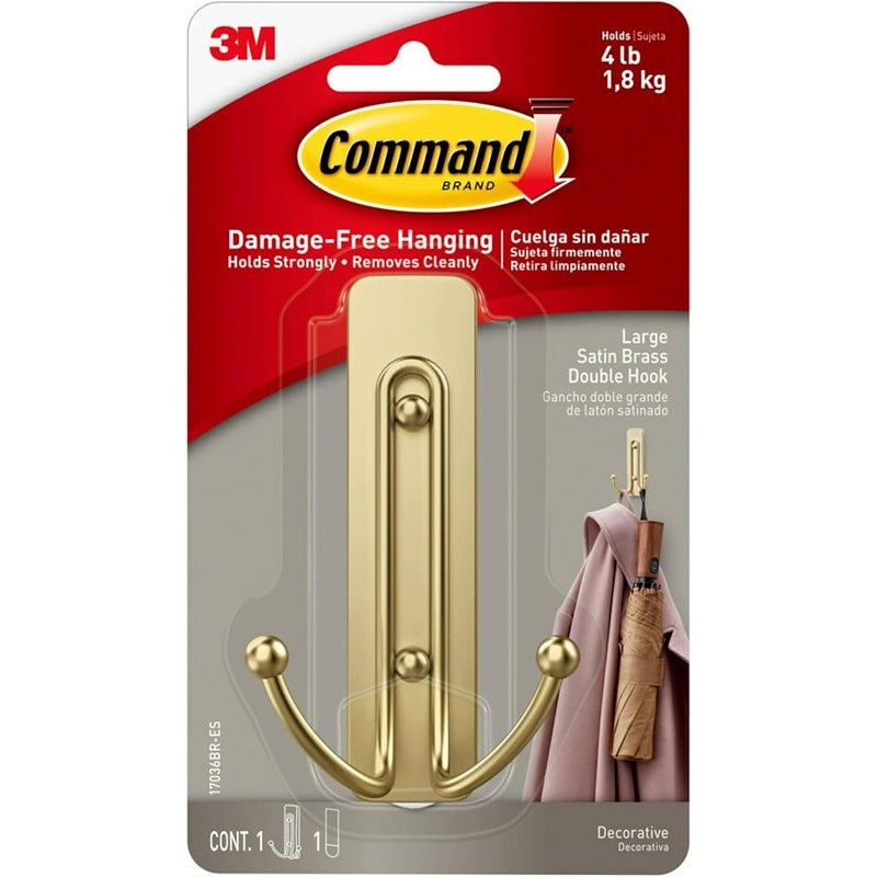 Command 17036BR-ES Double Hook, 4 lb, 1-Hook, Plastic, Gold, Satin Brass