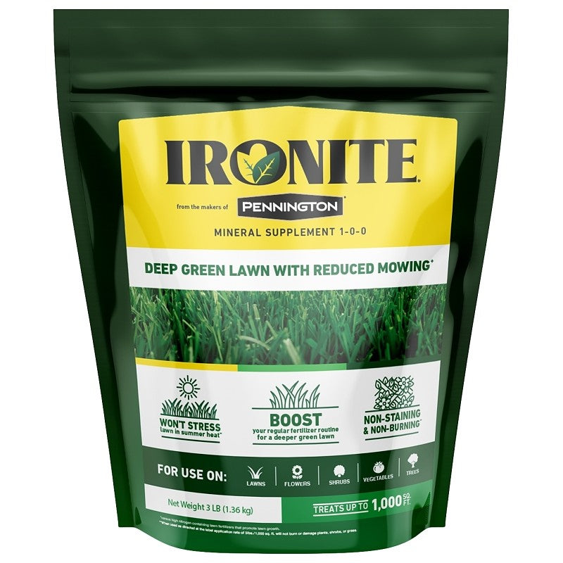 Ironite 100519429 Lawn Fertilizer, 3 lb Bag, Solid, 1-0-1 N-P-K Ratio