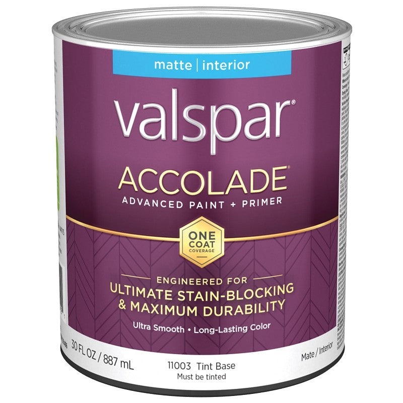 Valspar Accolade 1100 028.0011003.005 Latex Paint, Acrylic Base, Matte, Tint Base, 1 qt, Plastic Can