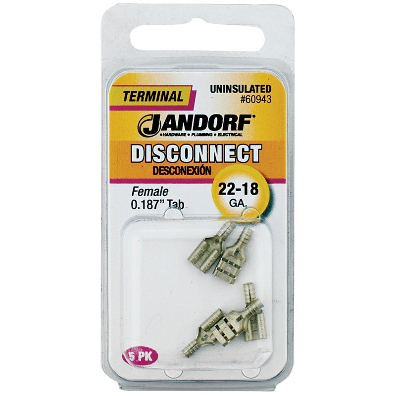 Jandorf 60943 Disconnect Terminal, 22 to 18 AWG Wire, Tin, 5/PK