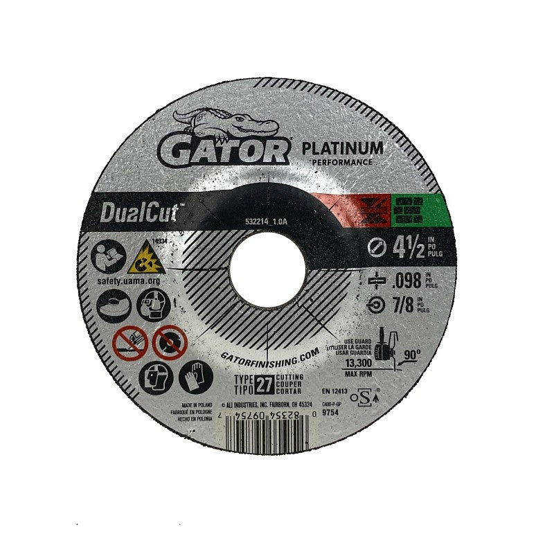 Gator 9754 Cut-Off Wheel, 4-1/2 in Dia, 0.098 in Thick, Aluminum Oxide Abrasive, 7/8 in Arbor