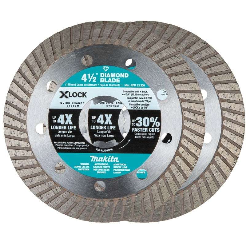 Makita X-LOCK E-07222 Series Blade, Diamond Blade, 4-1/2 in Dia, 7/8 in Arbor, Turbo Rim, 2/PK