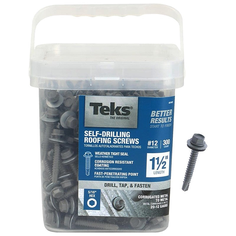 Teks 21422 Roofing Screw, #12 Thread, Hex Drive, Drill, Self-Tapping Point, Steel, Metallic