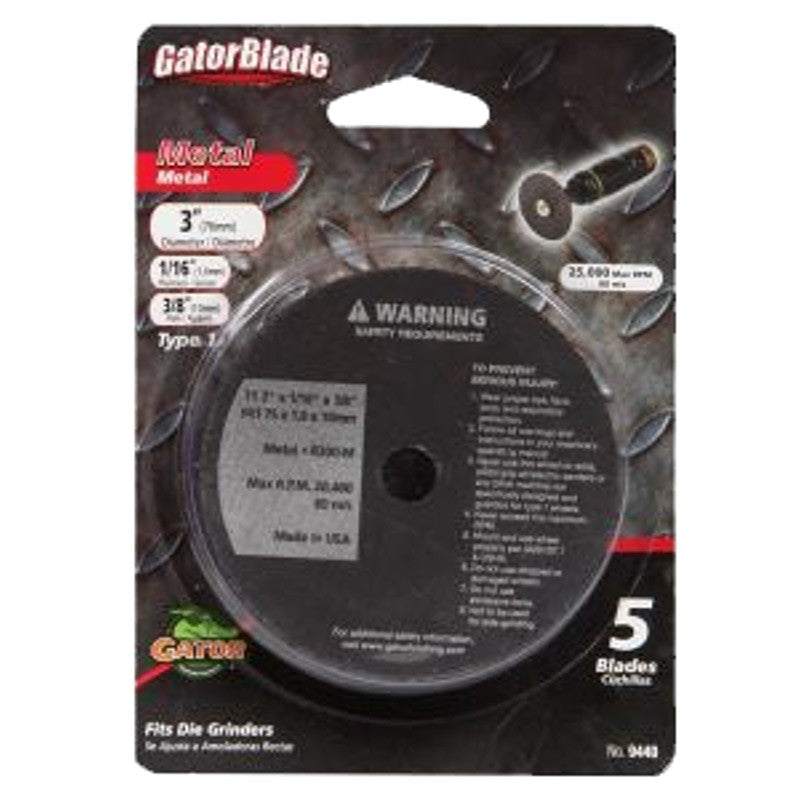 Gator 9440GA Cut-Off Blade, 3 in Dia, 1/16 in Thick, 3/8 in Arbor, Aluminum Oxide Abrasive