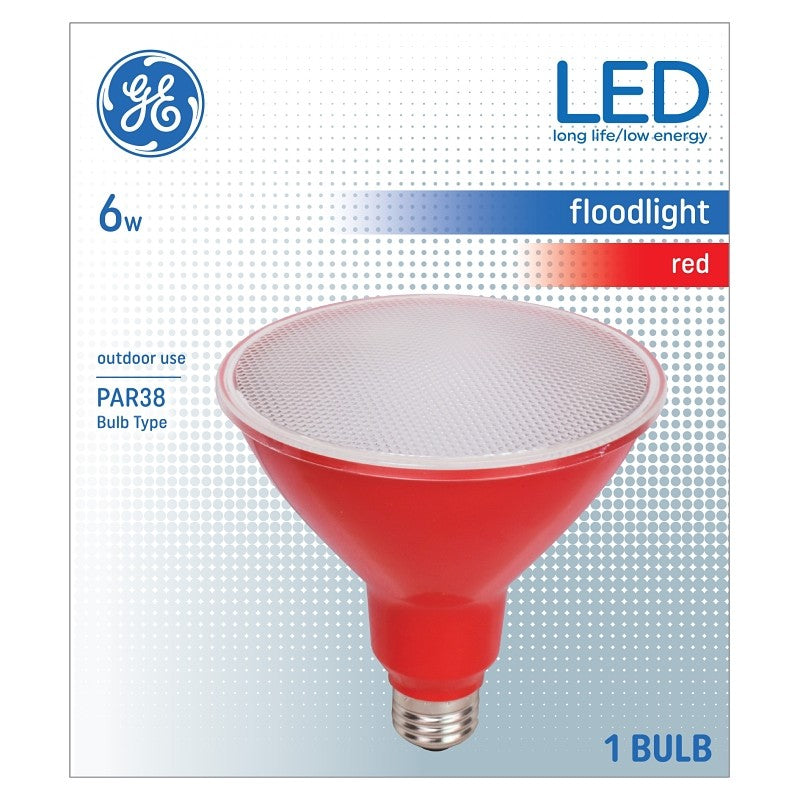 GE 93100880 Floodlight Bulb, Decorative, PAR38 Lamp, Medium (E26) Lamp Base, Non-Dimmable, Red