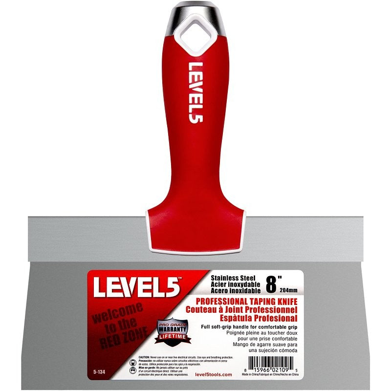 Level5 5-134 Taping Knife, 8 in W Blade, Stainless Steel Blade, Soft Grip Handle