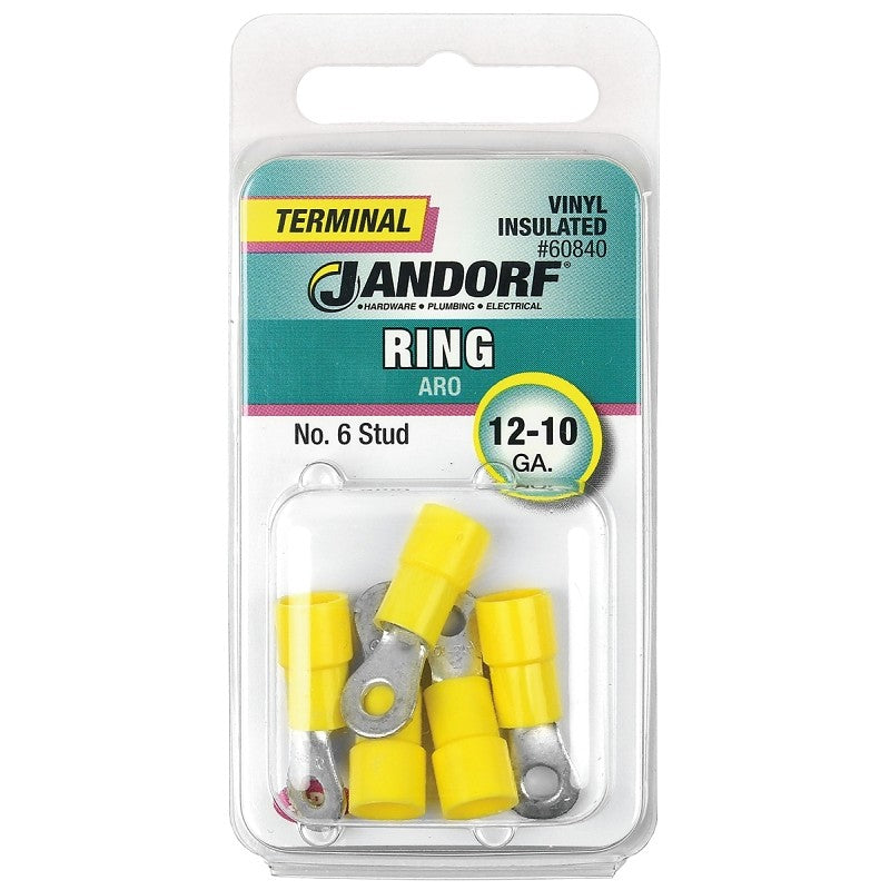 Jandorf 60840 Ring Terminal, 12 to 10 AWG Wire, #6 Stud, Vinyl Insulation, Copper Contact, Yellow