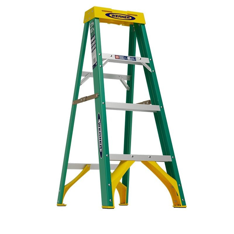 WERNER 5904 Step Ladder, 8 ft Max Reach H, 3-Step, 225 lb, Type II Duty Rating, 3 in D Step, Fiberglass, Yellow