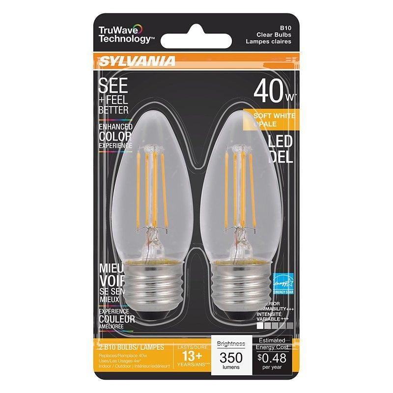 Sylvania 40793 Natural LED Bulb, Decorative, B10 Blunt Tip Lamp, 40 W Equivalent, E26 Lamp Base, Dimmable, Clear