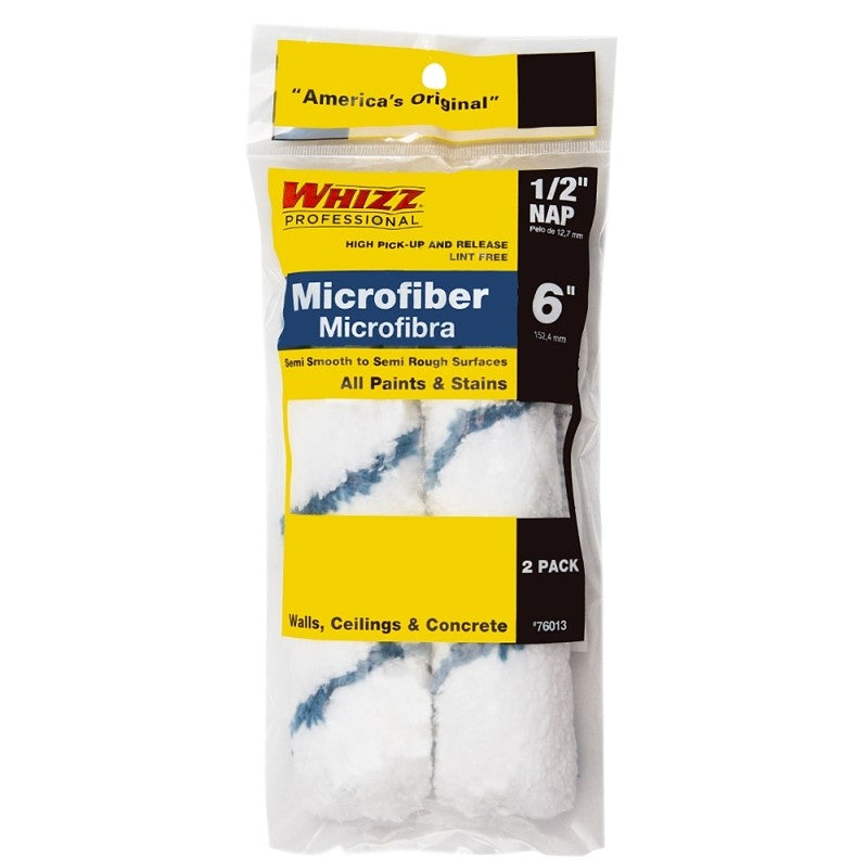 Whizz 76013 Mini Roller Cover, 1/2 in Thick Nap, 6 in L, Microfiber Cover, 2/PK