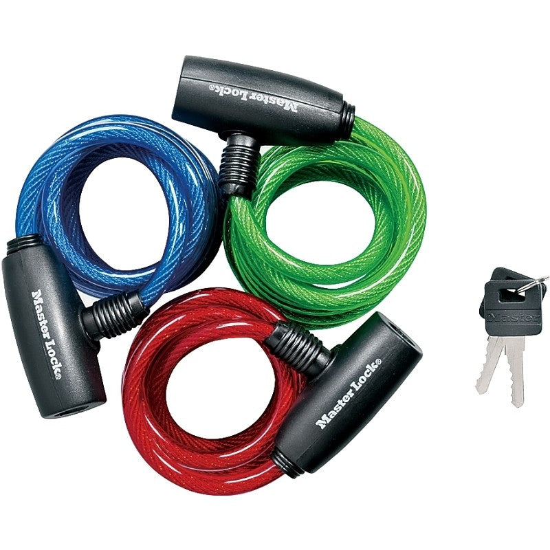 Master Lock 8127TRI Cable Lock, 5/16 in W Body, Keyed Key, Steel Shackle, Blue/Green/Red