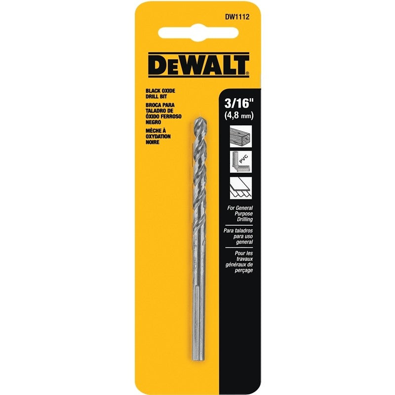 DEWALT DW1112 Jobber Drill Bit, 3/16 in Dia, 3-1/2 in OAL, Parabolic Flute, 3/16 in Dia Shank, Round Shank (Pack of 5)