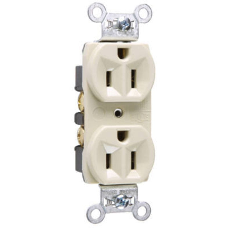 Pass & Seymour CRB5262ICC12 Duplex Receptacle, Brass/Nylon/PVC/Steel, Ivory, 2-Pole, 15 A, 125 V, Back, Side Wiring