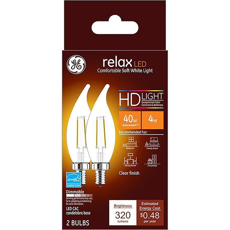 GE 31384 LED Bulb, General Purpose, 40 W Equivalent, E12 Lamp Base, Dimmable, Clear, Soft White Light, 2700 K Color Temp