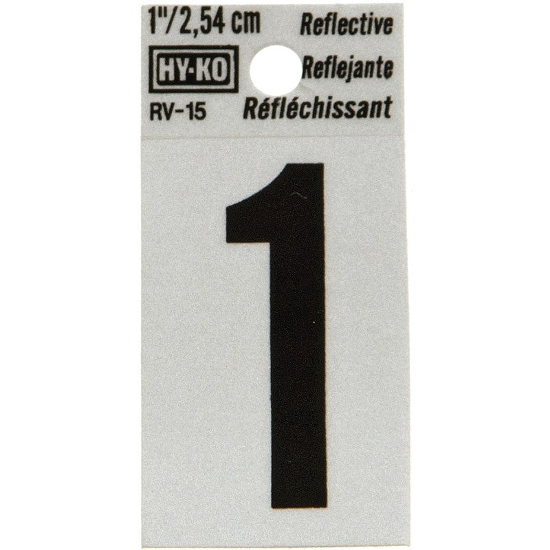 Hy-Ko RV-15/1 Reflective Sign, Character: 1, 1 in H Character, Black Character, Silver Background, Vinyl (Pack of 10)