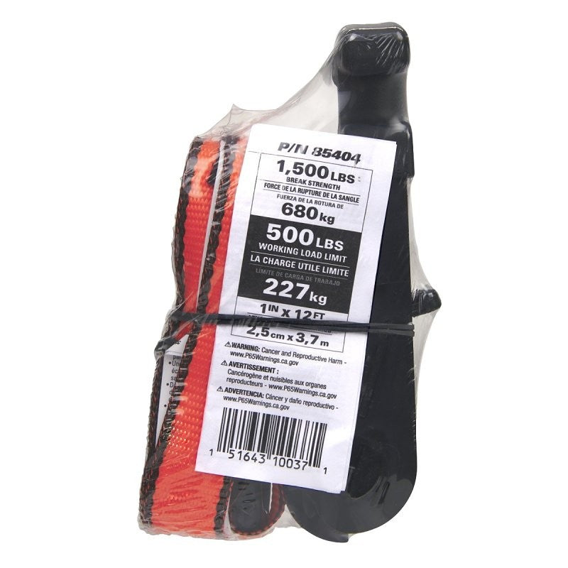 Keeper 85404 Tie Down Strap, 1 in W, 12 ft L, Hi-Viz Orange, 500 lb Working Load, S-Hook End