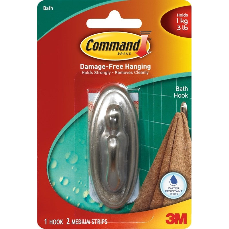 Command 17051BN-B Decorative Hook, 3-1/8 in L x 1-1/4 in W x 1-1/2 in H Dimensions, 3 lb, 1-Hook, Plastic
