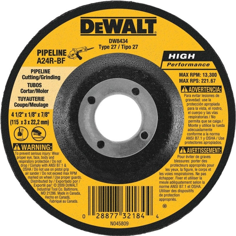 DEWALT DW8434 Grinding Wheel, 4-1/2 in Dia, 1/8 in Thick, 5/8 in Arbor, 24 Grit, Very Coarse, Aluminum Oxide Abrasive