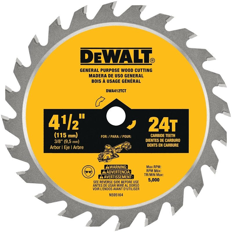 DEWALT DWA412TCT Circular Saw Blade, 4-1/2 in Dia, 3/8 in Arbor, 24-Teeth, Carbide Cutting Edge