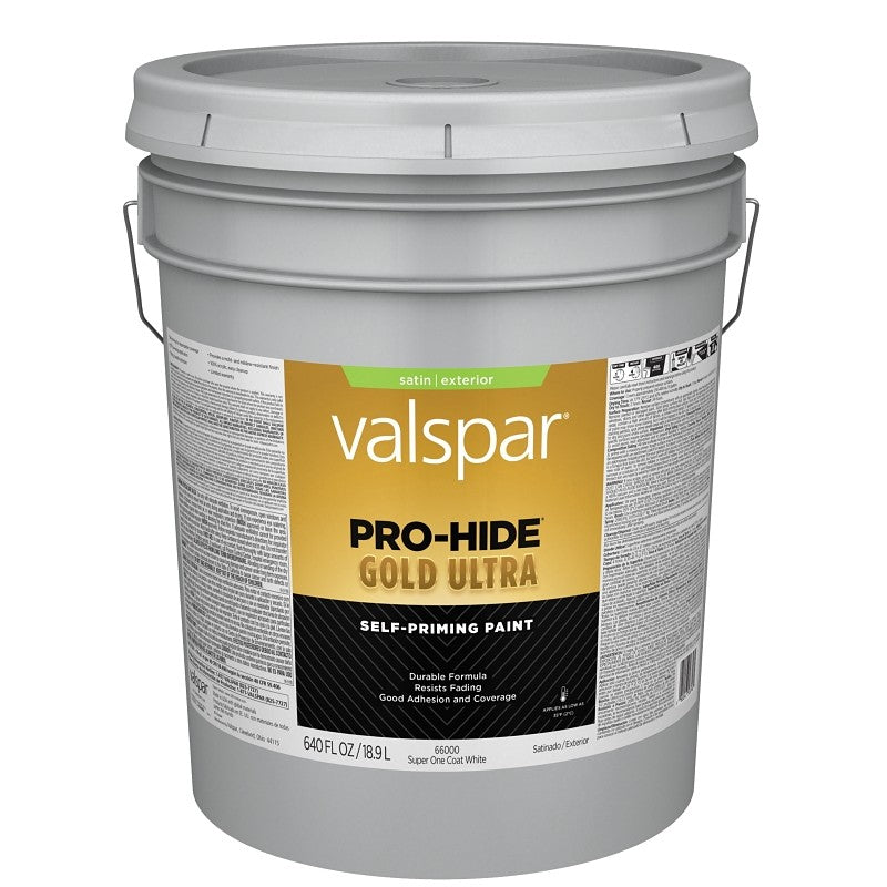 Valspar Pro-Hide Gold Ultra 6600 028.0066000.008 Latex Paint, Acrylic Base, Satin Sheen, Super One Coat White, 5 gal