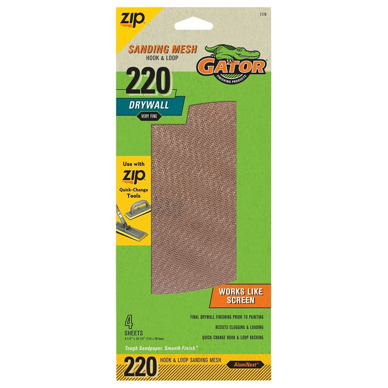 Gator 7178 Screen Sandpaper, 10-1/2 in L, 4-1/2 in W, 220 Grit, Very Fine, Aluminum Oxide Abrasive