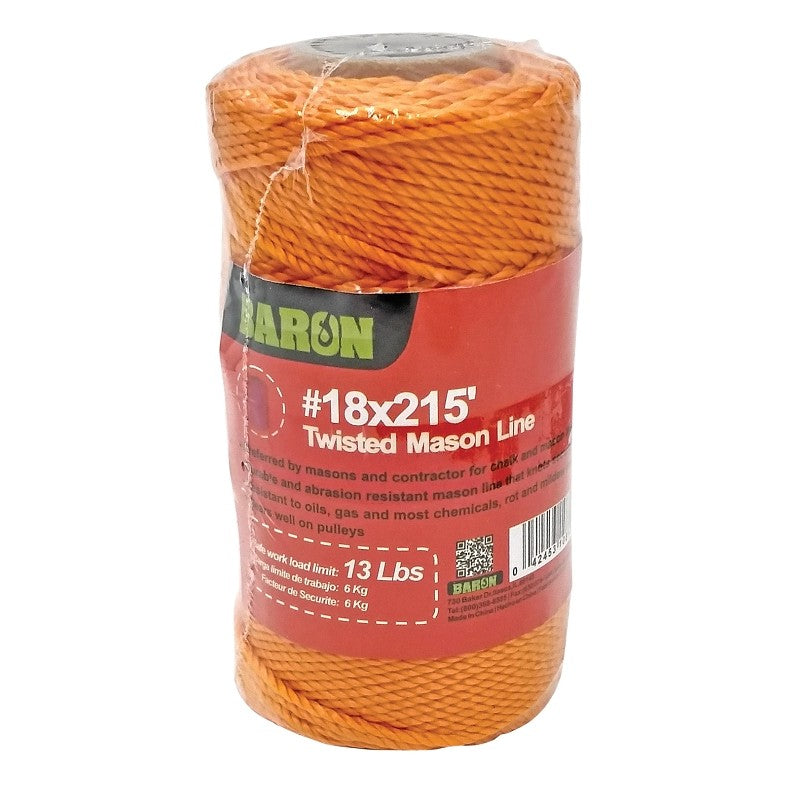 Baron 10812 Twisted Mason Line, #18 Dia, 215 ft L, 13 lb Working Load, Nylon, Orange