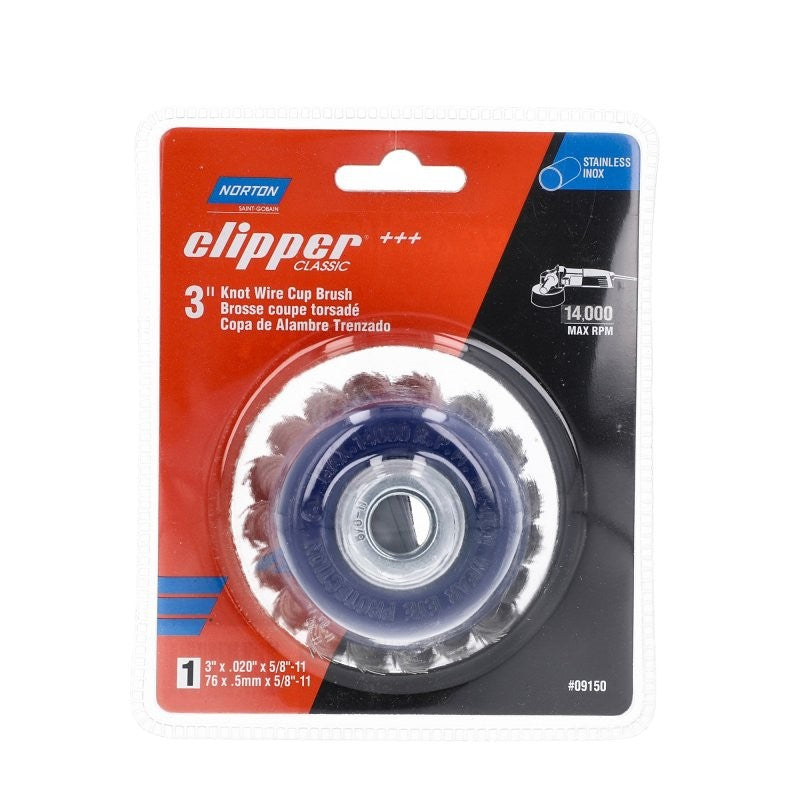 Norton 70184609150 Wire Cup Brush, 3 in Dia, 5/8 in Arbor/Shank, Knotted Bristle, 0.012 in Dia Bristle