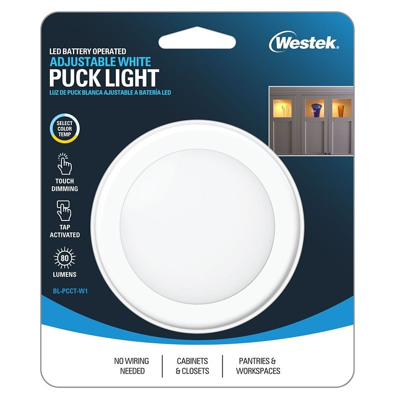 Westek BL-PCCT-W1 Series Adjustable Puck Light, 3.37 in Dia, AA Battery, LED Lamp, 80 Lumens, White, 1/CD