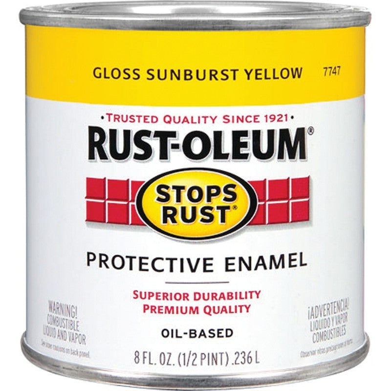 Rust-Oleum Stops Rust 7747730 Enamel Paint, Oil, Gloss, Sunburst Yellow, 0.5 pt, Can, 50 to 90 sq-ft/qt Coverage Area