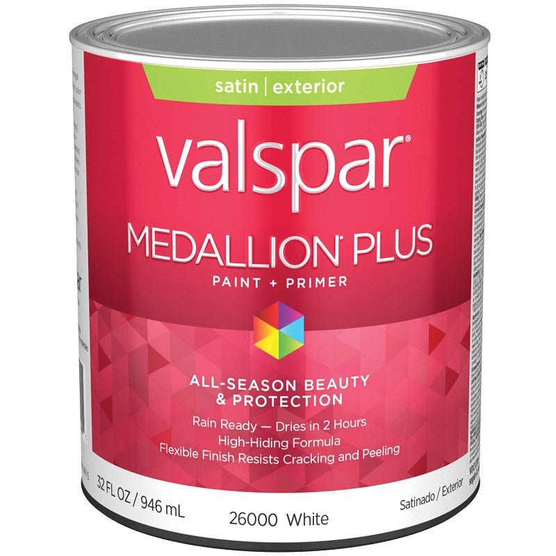 Valspar Medallion Plus 2600 028.0026000.005 Latex Paint, Acrylic Base, Satin Sheen, White Base, 1 qt, Plastic Can