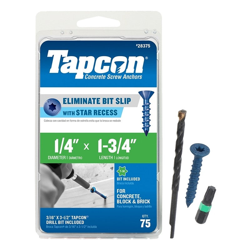 Tapcon 28375 Concrete Screw Anchor, T30 Screw, 1/4 in Dia, 1-3/4 in L, Steel, Climaseal, 75/PK
