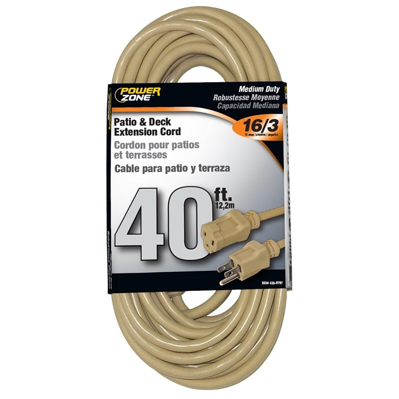 PowerZone OR884628 Extension Cord, 16 AWG Cable, 40 ft L, 125 V, Beige