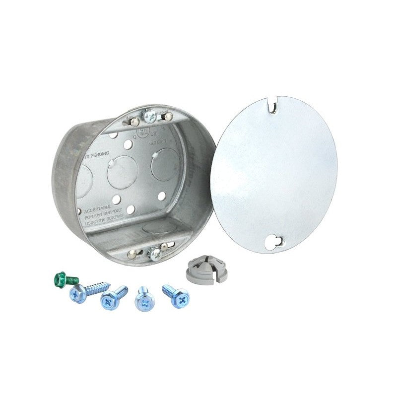 Southwire 54151-FANNB-UPC Ceiling Box, 4 in W, 1-1/2 in D, 9-Knockout, Steel, Silver, Galvanized