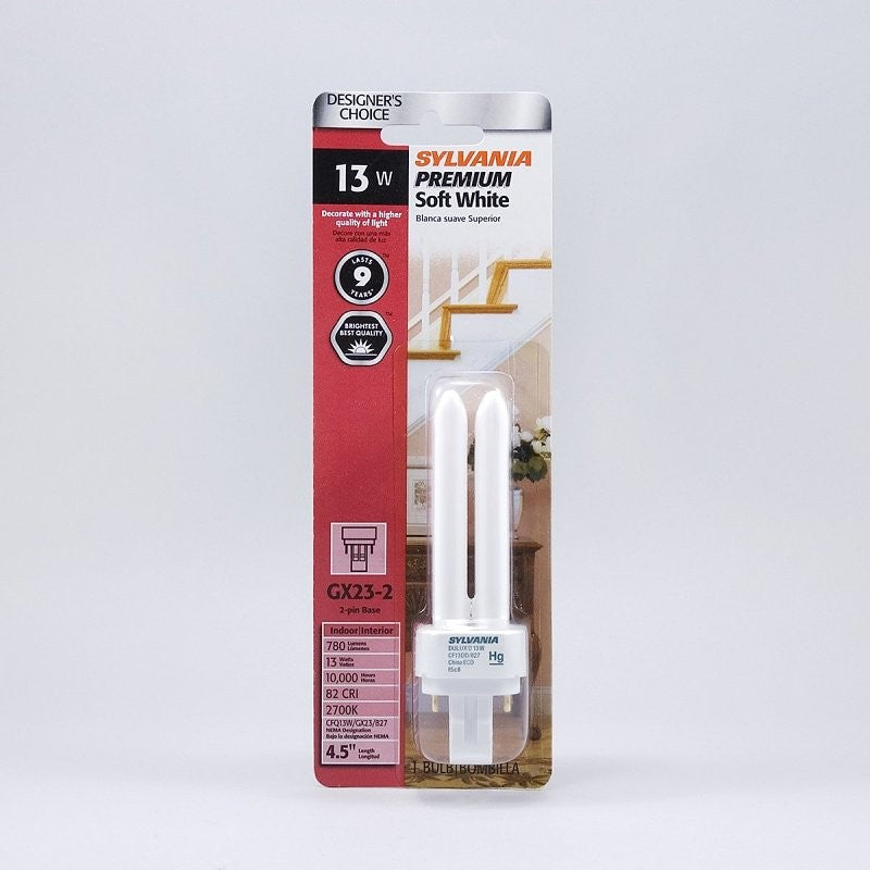 Sylvania 20480 Compact Fluorescent Bulb, 13 W, T4 Lamp, GX23 Lamp Base, 671 Lumens, 2700 K Color Temp, Soft White Light