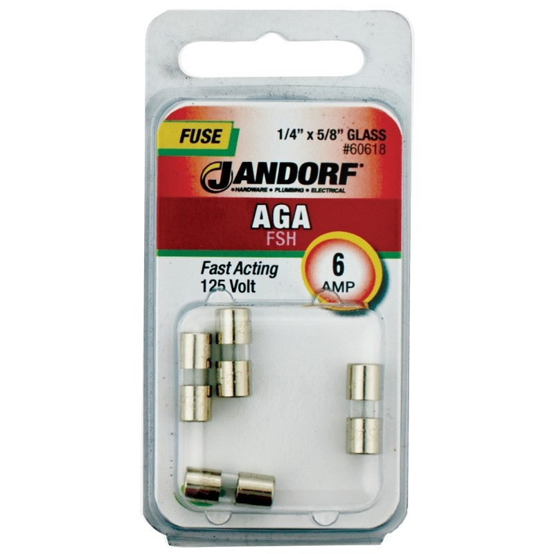 Jandorf 60618 Fast Acting Fuse, 6 A, 125 V, 1 kA Interrupt, Glass Body