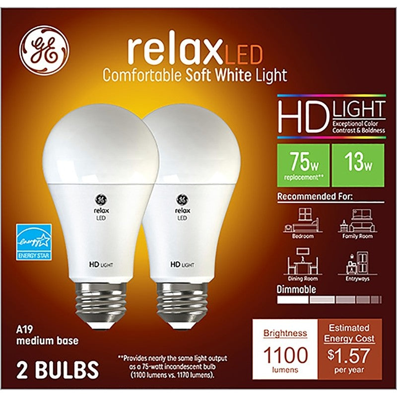 GE Relax 93127613 Light Bulb, General-Purpose, High-Definition, A19 Lamp, 75 W Equivalent, Medium (E26) Lamp Base