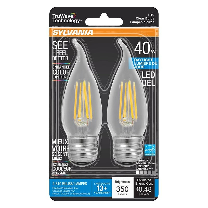 Sylvania 40792 Natural LED Bulb, 120 V, 350 Lumens, 4 W, B10 Bent Tip Lamp, 40 W Equivalent, E26 Lamp Base, Clear