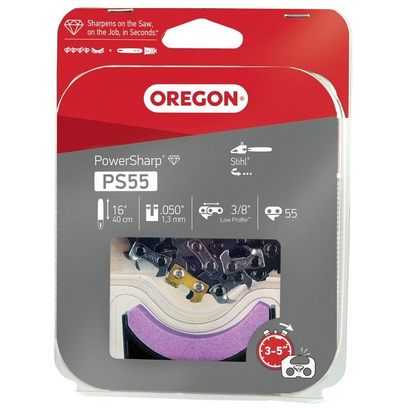 Oregon PS55 Replacement Chain with Sharpening Stone, 16 in L Bar, 0.05 Gauge, 3/8 in TPI/Pitch, 55-Link