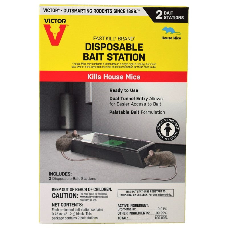 Victor M914 Mouse Bait Station, Includes: (2) Disposable Bait Stations, 2-Opening, Plastic, 2/PK