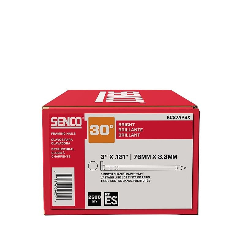 Senco KC27APBX Series Collated Nail, Paper Tape Collation, 3 in L, Steel, Bright Basic, Offset Full Round Head, Smooth Shank
