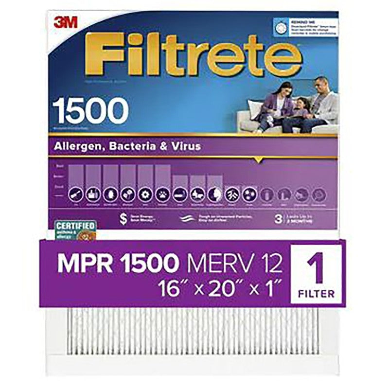 Filtrete 2000-4 Air Filter, 20 in L, 16 in W, 12 MERV, 1500 MPR, For: Air Conditioner, Furnace and HVAC System (Pack of 4)