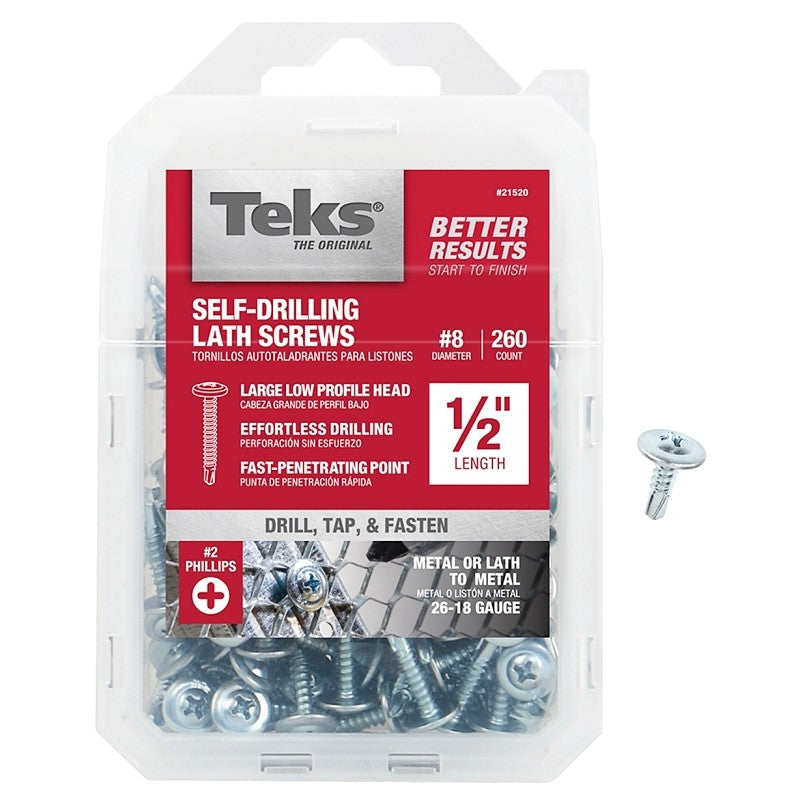 Teks 21520 Lath Screw, #8 Thread, 1.63 in L, Truss Head, Phillips Drive, Steel, Zinc