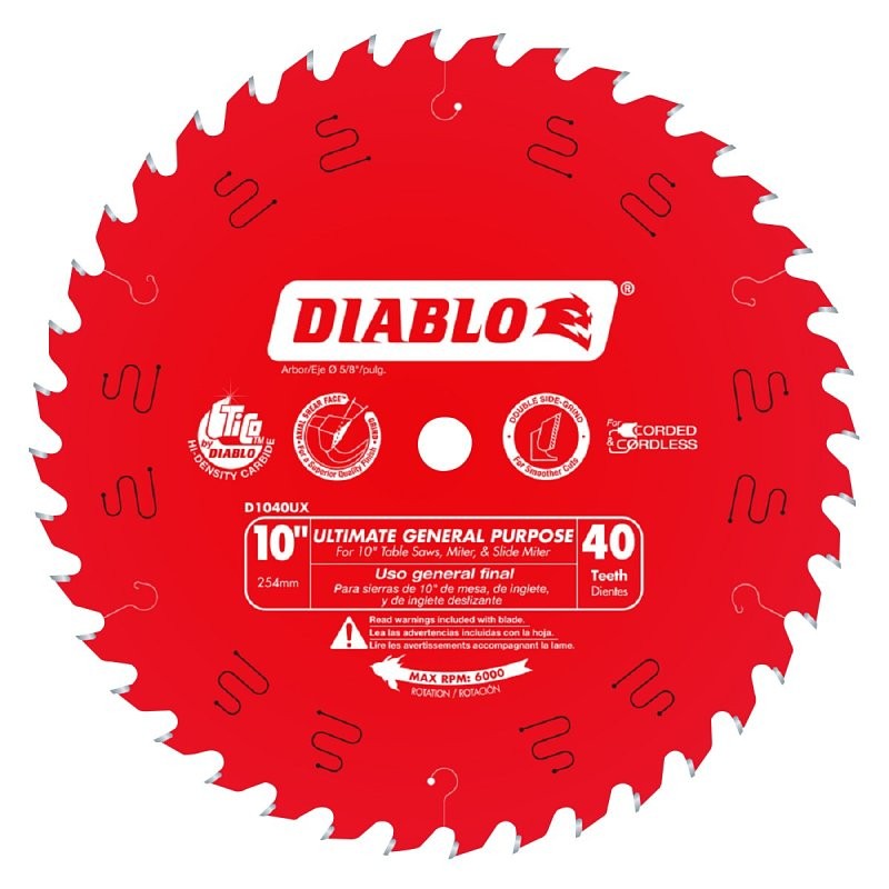Diablo D1040UX General-Purpose Saw Blade, 10 in Dia, 40-Teeth, Applicable Materials: Plywood, Solid Wood
