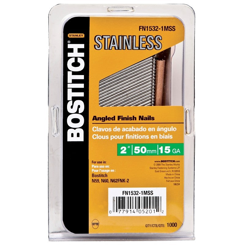 Bostitch FN1532-1MSS Finish Nail, 2 in L, 15 ga Gauge, Stainless Steel