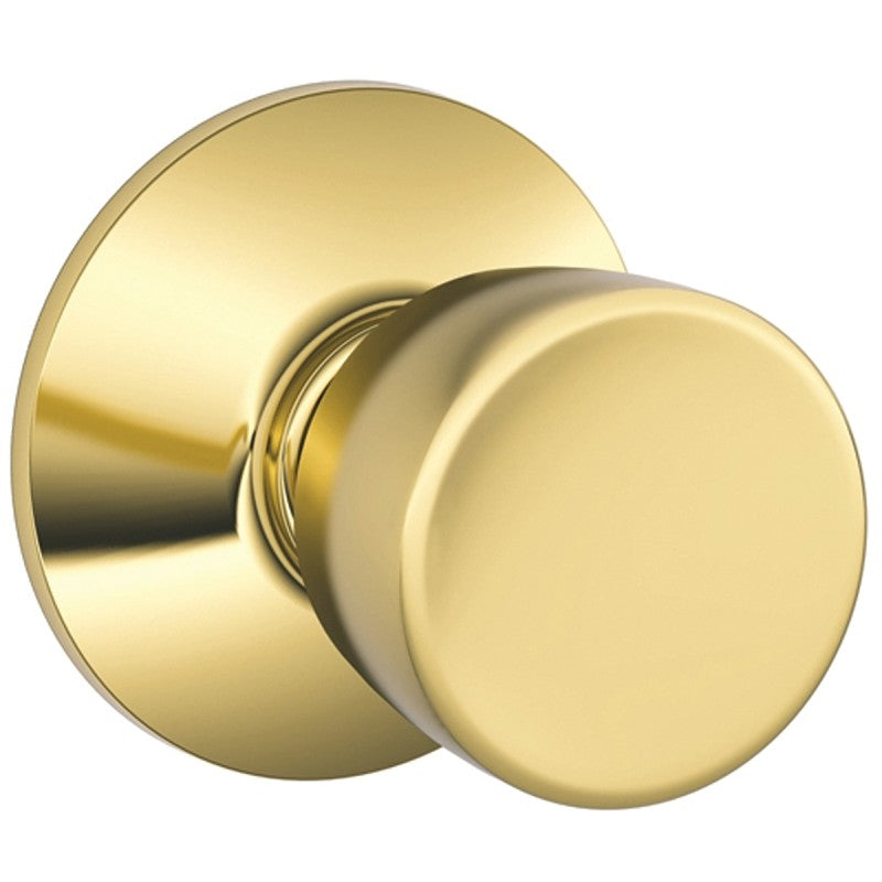 Schlage F10VBEL605 Passage Knob, Metal, Bright Brass, 2-3/8, 2-3/4 in Backset, 1-3/8 to 1-3/4 in Thick Door