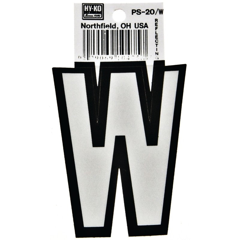 Hy-Ko PS-20/W Reflective Letter, Character: W, 3-1/4 in H Character, Black/White Character, Vinyl (Pack of 10)