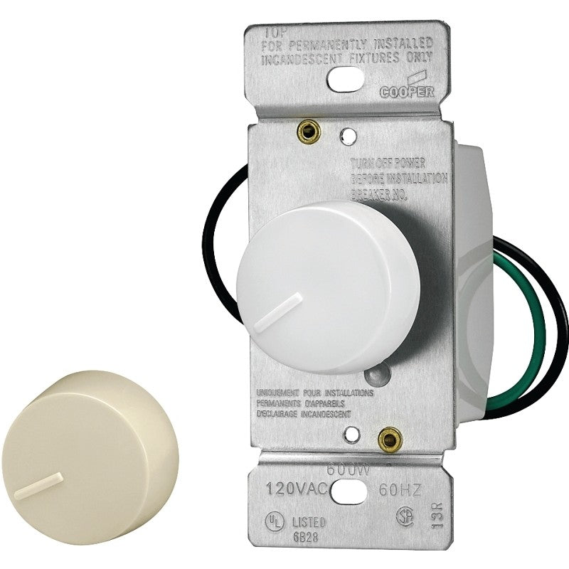 Eaton Wiring Devices RI061-VW-K2 Rotary Dimmer, 120 V, 600 W, Halogen, Incandescent Lamp, Single-Pole, Ivory/White