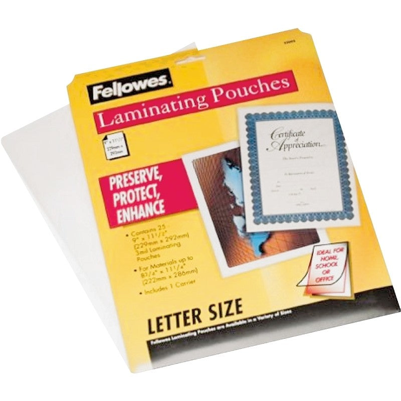 Centurion Fellowes 52005 Laminating Pouch, 11 in L, 8-1/2 in W, 3 mil Thick, Clear