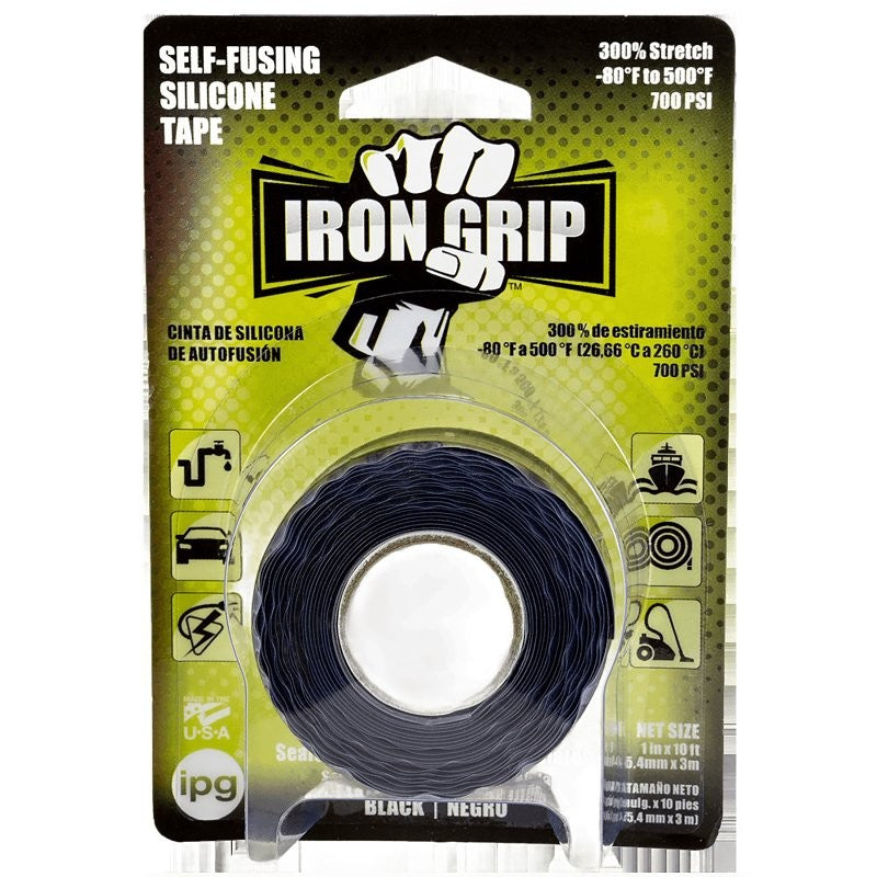 IPG IRON GRIP SBK110 Self-Fusing Tape, 10 ft L, 1 in W, Silicone Backing, Black