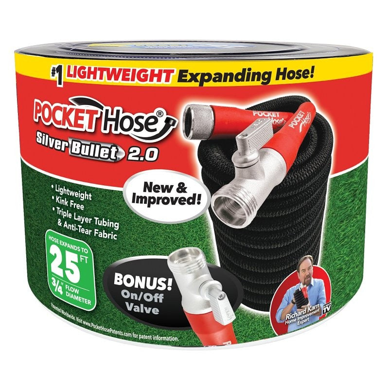 Pocket Hose Silver Bullet 17824-6 Expanding Garden Hose, 3/4 in, 25 ft L, Plastic, Black